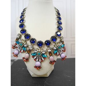 J Crew Statement Bib Necklace Blue Crystal Sparkle Floral Charm Multi Colors